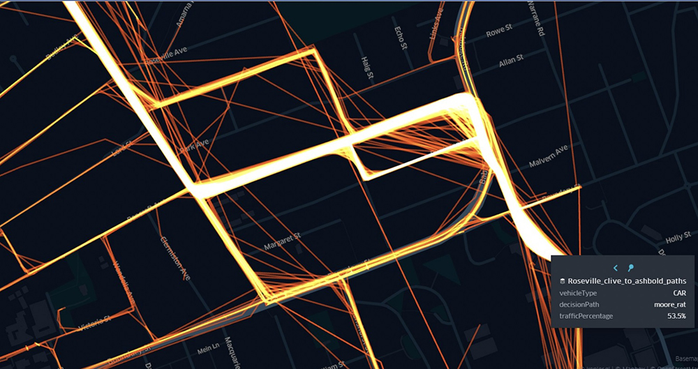 Visualisation showing the percentage of drivers using Moore St rat-run path during PM Peak: 53.5% of rat runners used this route