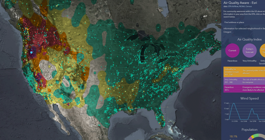 Esri app combines EPA data with wind forecasts and at-risk population demographics (Source: Air Qaulity Aware app from Esri)