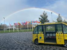 Darwin autonomous shuttle Harwell Science and Innovation Campus Navya AWS satellite communications